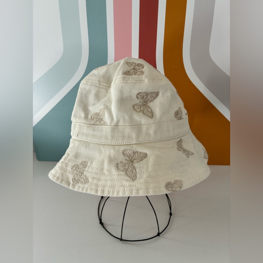 American Eagle Hat Bucket Cream Corduroy Gold Metallic Butterfly Embroidery OS